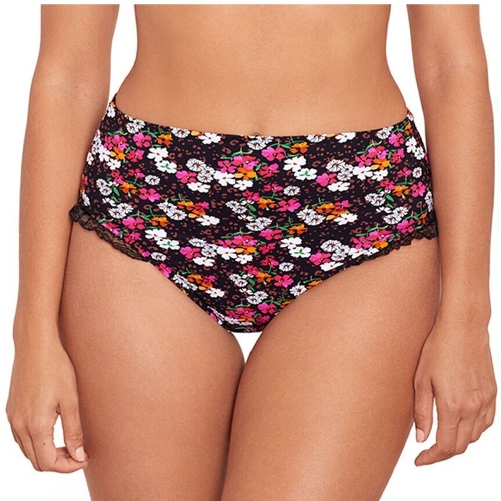 Skinny Dippers Daisy Duke Ruffled Bikini Bottom black floral high waist sz XL